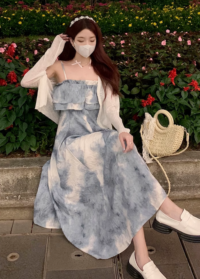 Fairy retro style ruffled one-shoulder sling dress new Chinese style ink-dyed dress R1706