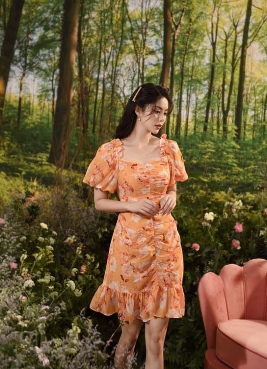 Orange puff sleeves, slim waist, irregular design, short skirt, homecoming dress R4057