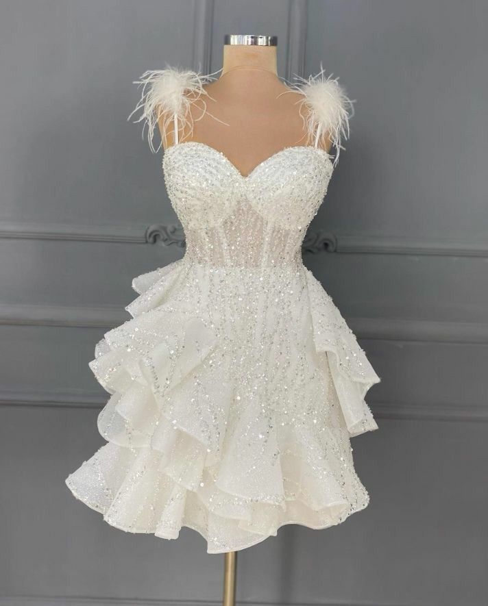 White suspender feather tube top sexy diamond waist slim short skirt homecoming dress R3896