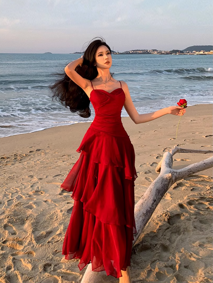 Fairy waist slimming big swing red dress holiday beach long dress tube top ruffled suspender skirt R1719