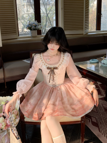 Sweet Pink/Blue Homecoming Dress A-Line Portrait Lace Trim Mini Birthday Dress RS723
