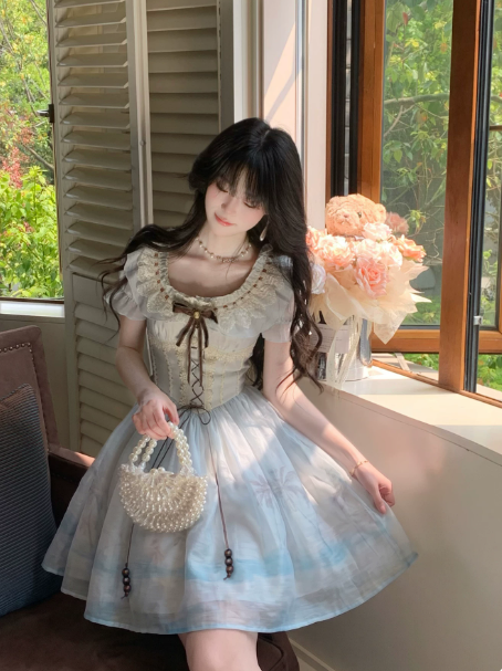 Sweet Pink/Blue Homecoming Dress A-Line Portrait Lace Trim Mini Birthday Dress RS723