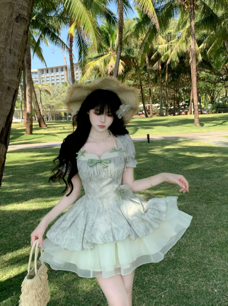 Fresh Soft Green Puff Sleeves Homecoming Dress A-Line Square Corset Mini Summer Dress RS725