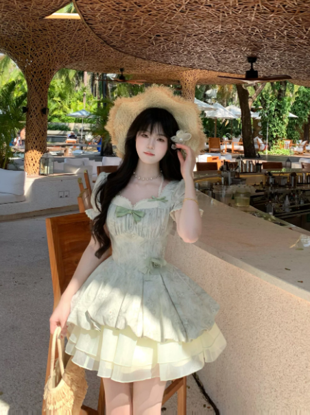 Fresh Soft Green Puff Sleeves Homecoming Dress A-Line Square Corset Mini Summer Dress RS725