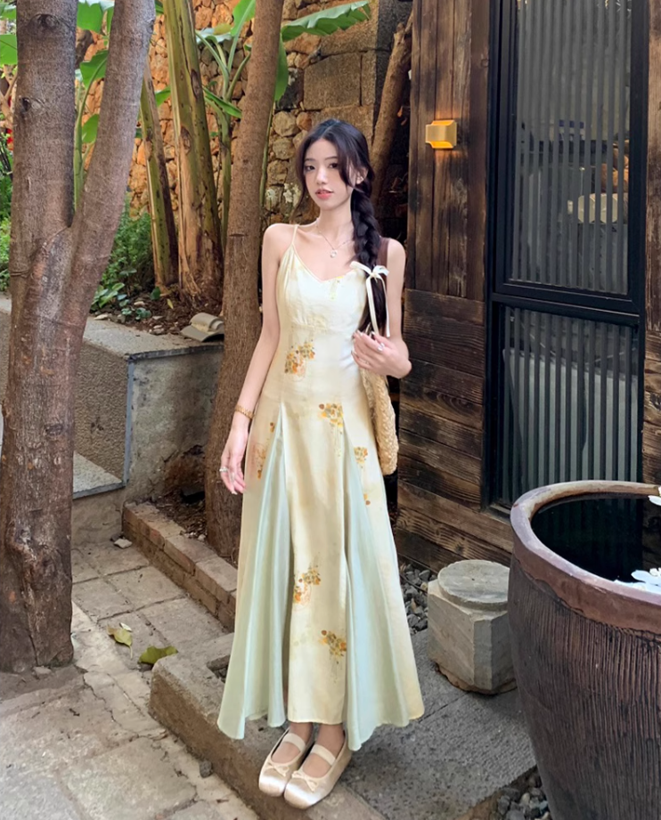 Printed suspender dress Chinese style women's clothing small size big swing v-neck long dress R1708