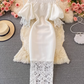 Retro French style waisted hip dress long skirt lace one-shoulder off-shoulder lantern sleeve dress R0383