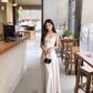 French style white suspender dress with swaying collar and satin temperament slim dress R1539