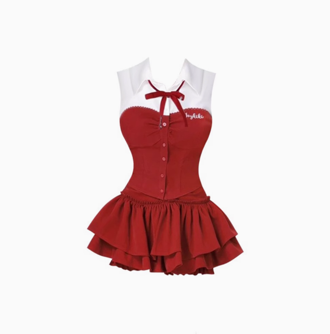 College style sleeveless short contrast color shirt 2025 sweet and spicy puffy skirt suit R1251