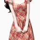 2025 Summer New Red Plaid French Retro Square Neck Temperament Short Sleeve Dress R0973