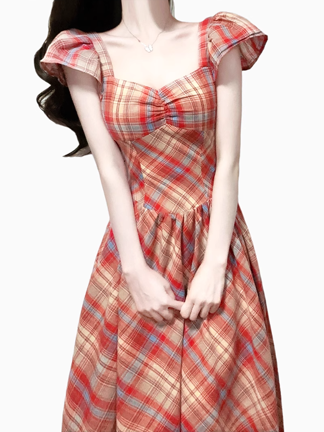 2025 Summer New Red Plaid French Retro Square Neck Temperament Short Sleeve Dress R0973