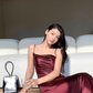 Sexy embossed satin suspender dress with slits for vacation with acetate high-end skirt R1464