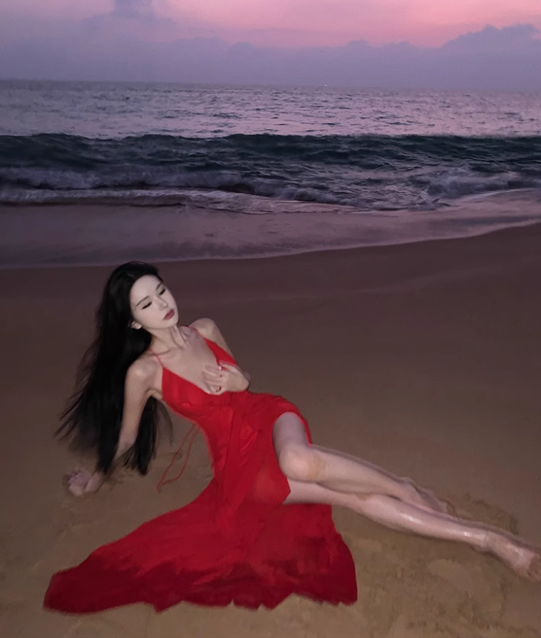 Beach photo shoot red sexy ruffled high slit halter back dress R1583
