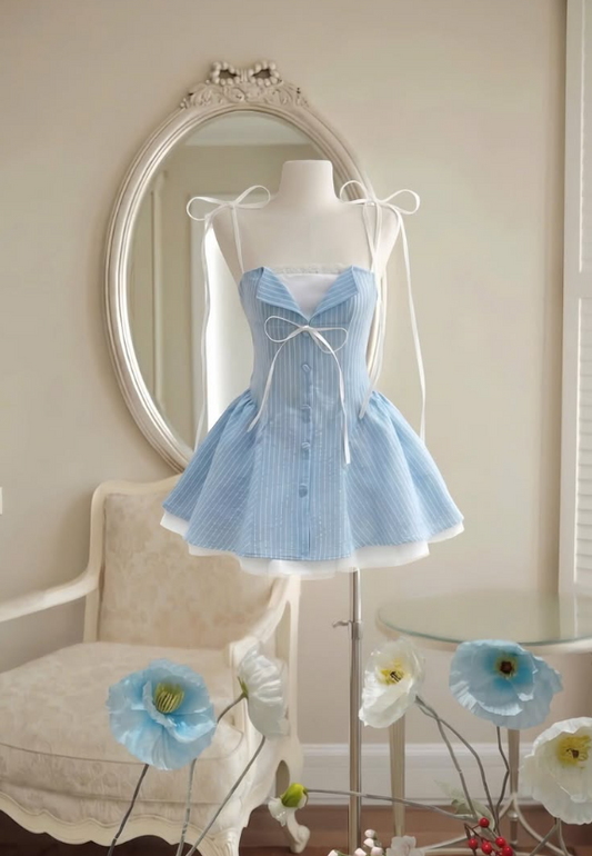 Elegant Baby Blue Striped Homecoming Dress A-Line Spaghetti Straps Corset Mini Prom Dress RS728