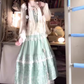 Green fake two-piece floral suspender dress gentle temperament waist A-line long skirt R0692