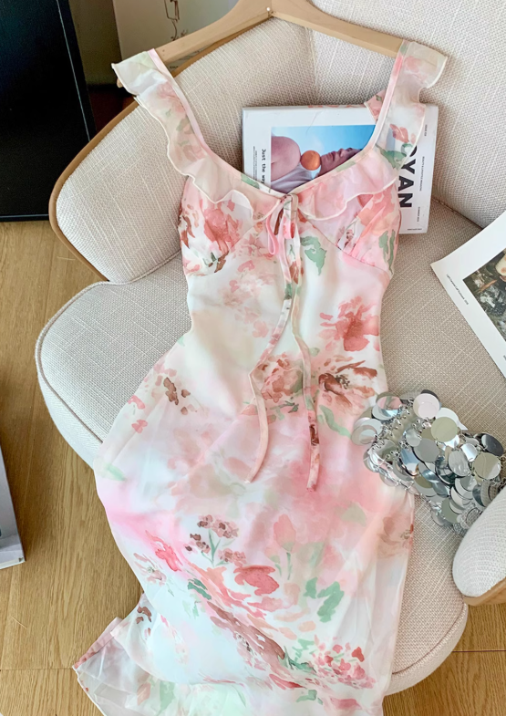 French pure desire style v-neck suspender dress new gentle style small flying sleeve long dress R4034