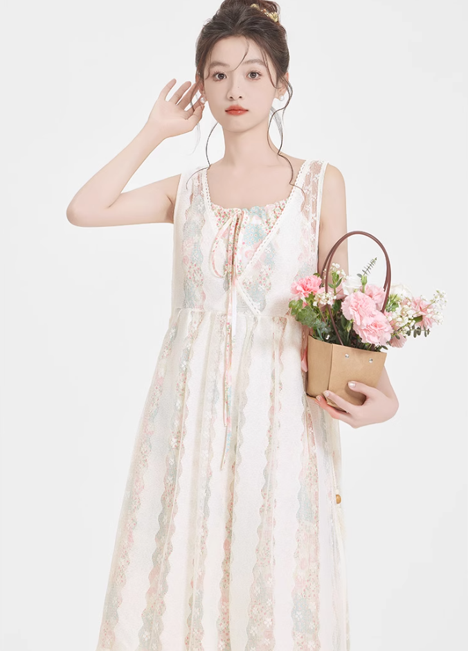 Forest style pastoral style floral dress new style suspender skirt blouse suit two-piece set R2394