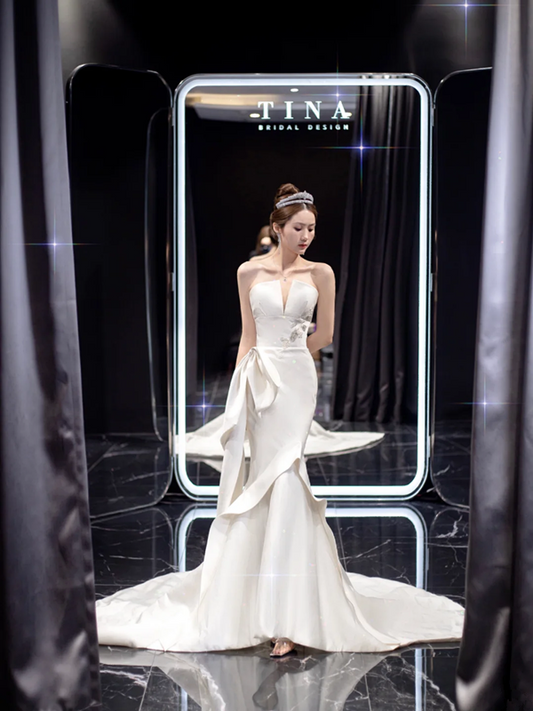 White satin tube top waist slim fishtail sexy long dress bridal gown R6023