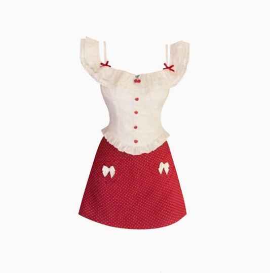 Pure desire design two-wear short slim top 2025 sweet polka dot skirt suit R1384