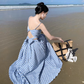 Travel wear women's beach dress backless blue and white plaid skirt a-line suit R1567