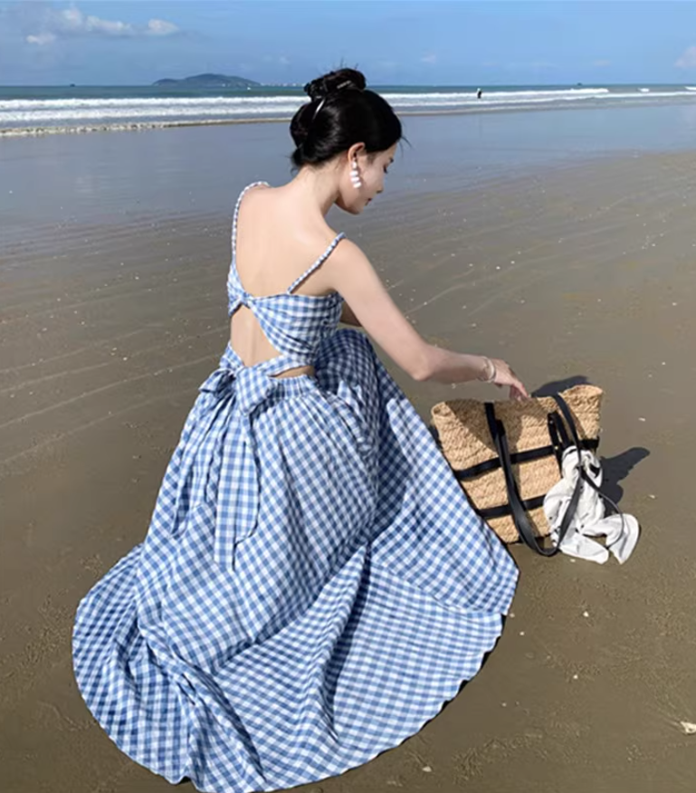 Travel wear women's beach dress backless blue and white plaid skirt a-line suit R1567
