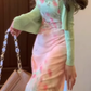 Beautiful little skirt gentle temperament green floral suspender dress R0683