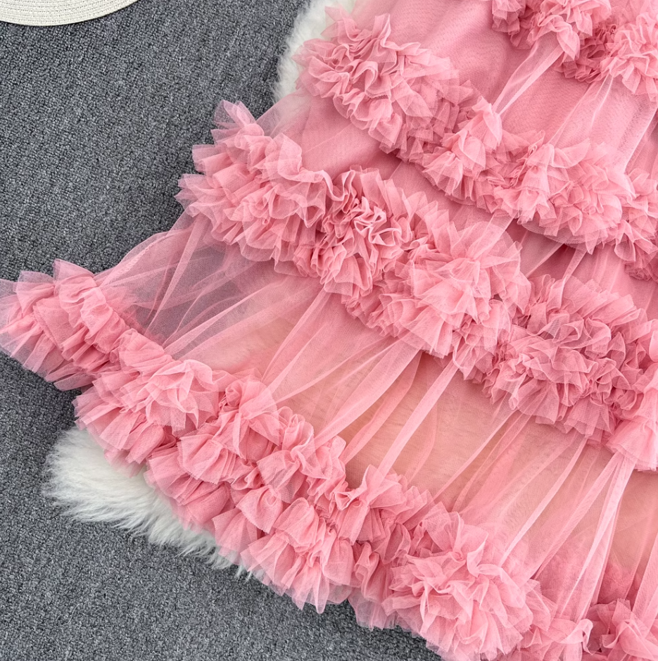 High waist slim mesh skirt elastic waist mid-length over the knee multi-layered wood ear edge cake skirt R0306