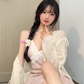 Pink floral dress beautiful tea break French style v-neck waist suspender dress R0625