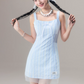 Casual Cute Blue Checkered Mini Dress With Bow Accent And Sheer Tulle Hem For Summer R9301