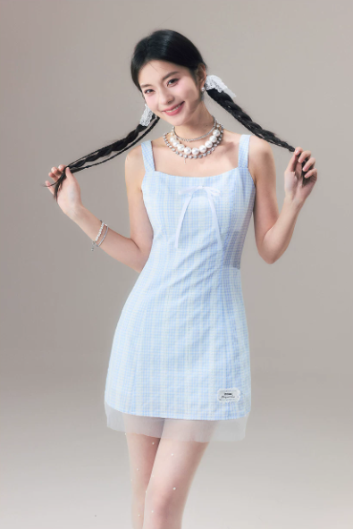 Casual Cute Blue Checkered Mini Dress With Bow Accent And Sheer Tulle Hem For Summer R9301
