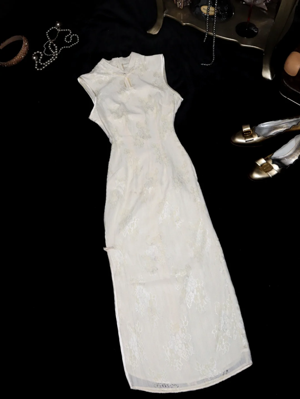 Apricot white sleeveless fitted waist slim-fit midi ball gown with classic elegance R6849