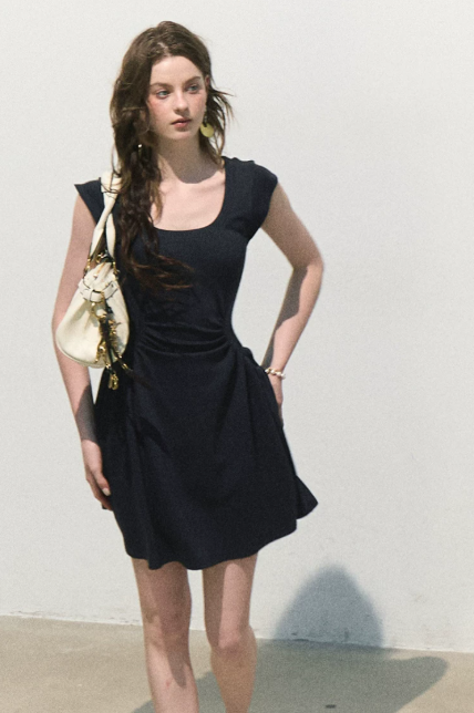 French Style Dark Blue Bodycon Dress High Waist Slim Fit Casual Party Dress R9356