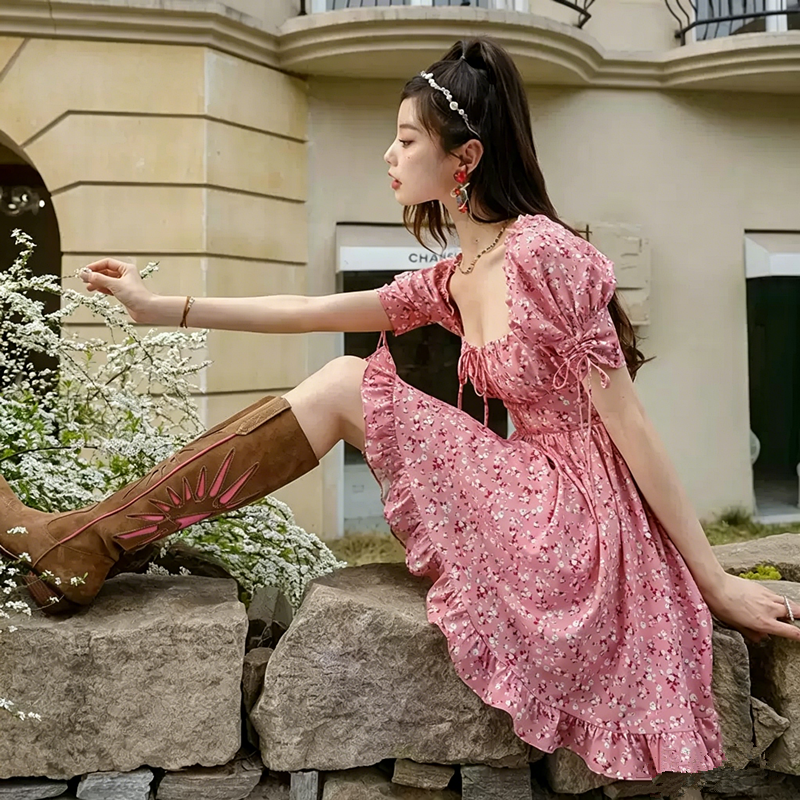 Pink Floral Print Mini Dress Women With Puff Sleeves And Square Neck R9452
