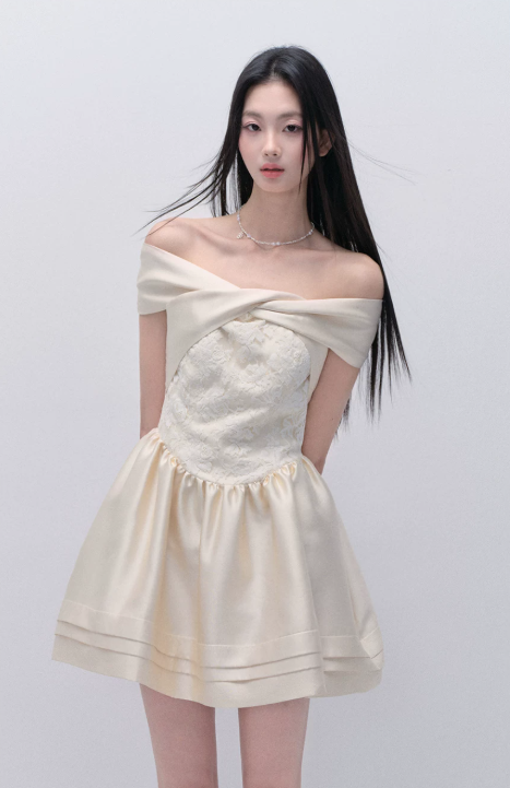 Cream Off The Shoulder Mini Dress Women With Lace Bodice And Satin Skirt R9426