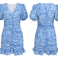 Blue Floral Print Bodycon Mini Dress Women With Ruched Front And Puff Sleeves R9482