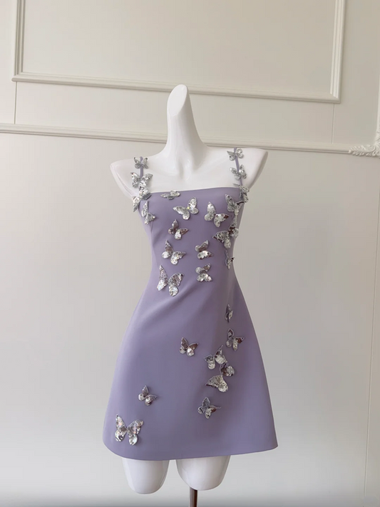Purple suspender three-dimensional butterfly waist slim skirt homecoming dress R5220