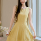 Soft Pastel Yellow Solid Sleeveless Tank Dress Elegant High Waist Flare Short Dress R9343