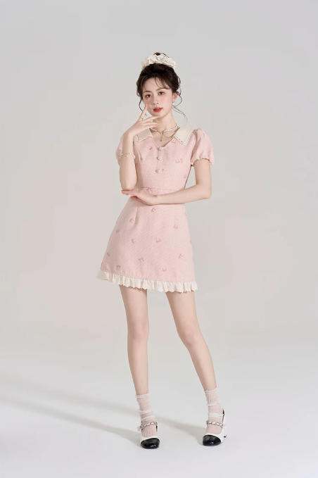 Feminine Pink Tweed Dress with Peter Pan Collar, Girly Puff Sleeve Embroidered Mini Dress for Women R9327