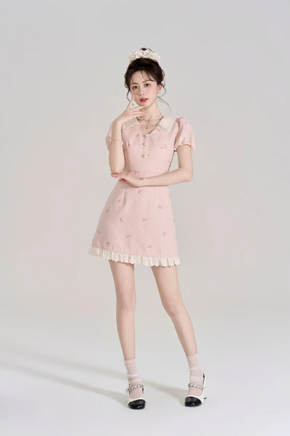 Feminine Pink Tweed Dress with Peter Pan Collar, Girly Puff Sleeve Embroidered Mini Dress for Women R9327