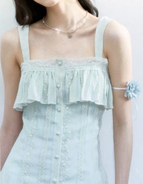 Light Blue Lace Trim Cami Mini Dress Women With Ruffled Neckline And Embroidered Details R9412