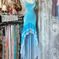 Light blue halter-neck fitted ball gown with an asymmetrical hem R8643