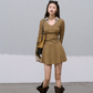 Korean Style Slim Fit Long Sleeve Mini Dress with Plaid Contrast and A-Line Skirt R9368