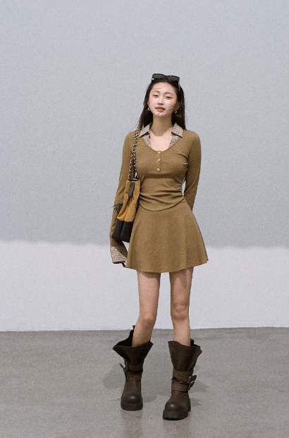 Korean Style Slim Fit Long Sleeve Mini Dress with Plaid Contrast and A-Line Skirt R9368