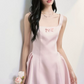 Pink French Hepburn Style Mini Dress Women With Square Neck And Bow Detail R9413
