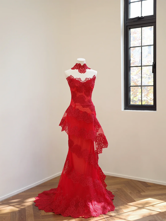 Red strapless, fitted waist, lace skirt design, long, sexy ball gown, bridal dress R8513