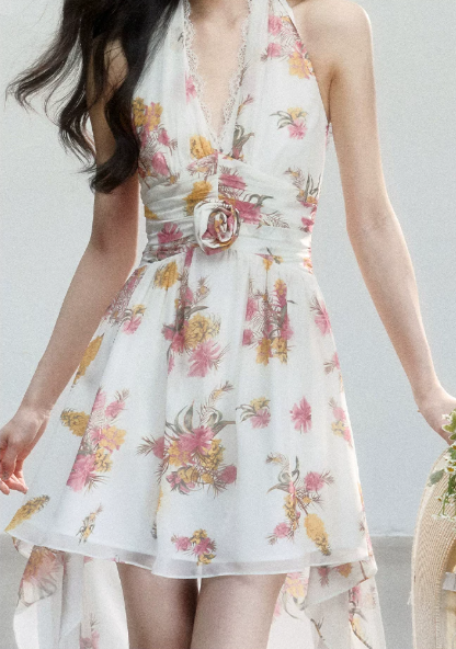 Floral Print Halter Neck Chiffon Dress Women With Lace Trim And Asymmetrical Hem R9419