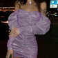 Purple sequined off-shoulder pleated waist hip skirt homecoming dress R5499