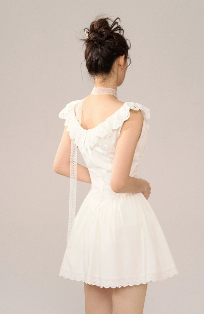 White Lace Trim Corset Style Mini Dress Women With Ruffle Straps And Flared Skirt R9395