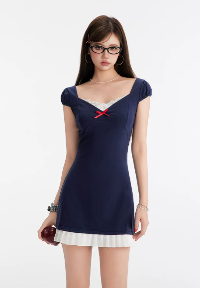 Edgy Preppy Navy Blue Mini Dress With Form-Fitting Silhouette And Red Bow Accent R9311