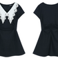 Navy A-Line Dress, Women's Short Sleeve with White Lace Collar and Waist Ruched Mini Dress R9341