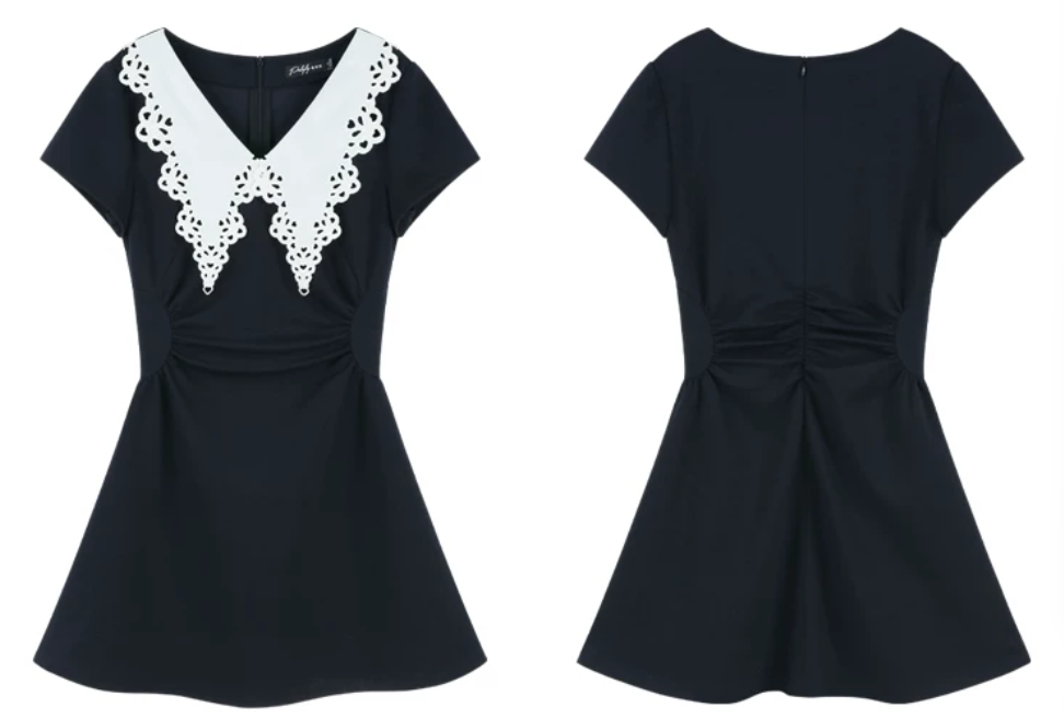 Navy A-Line Dress, Women's Short Sleeve with White Lace Collar and Waist Ruched Mini Dress R9341